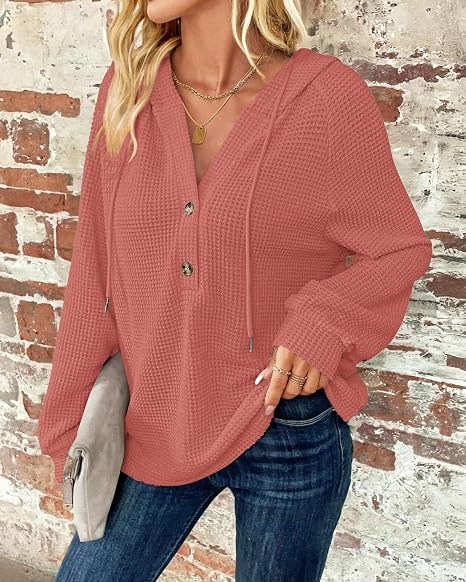 Womens Long Sleeve Tops Waffle Knit Hoodie