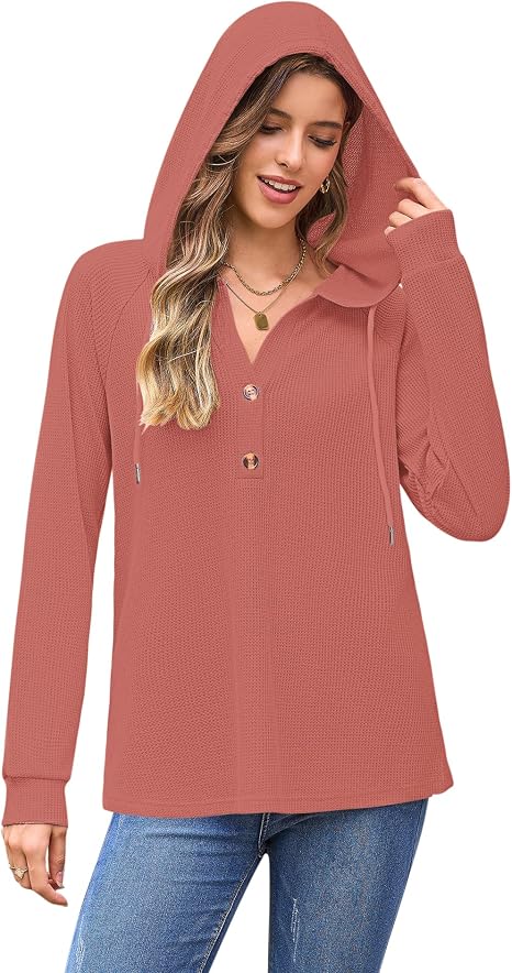 Womens Long Sleeve Tops Waffle Knit Hoodie