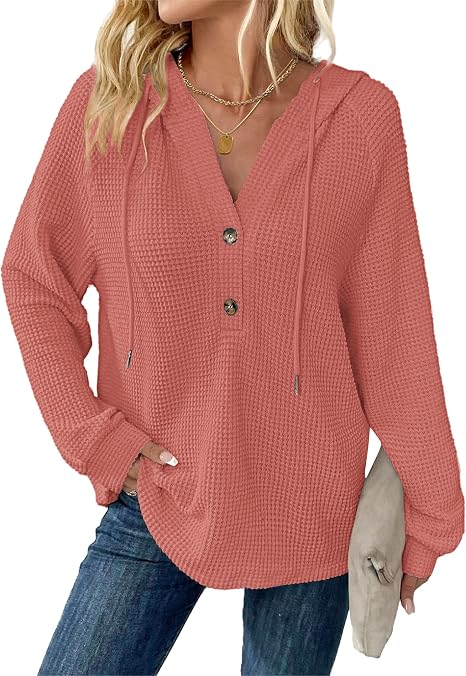 Womens Long Sleeve Tops Waffle Knit Hoodie